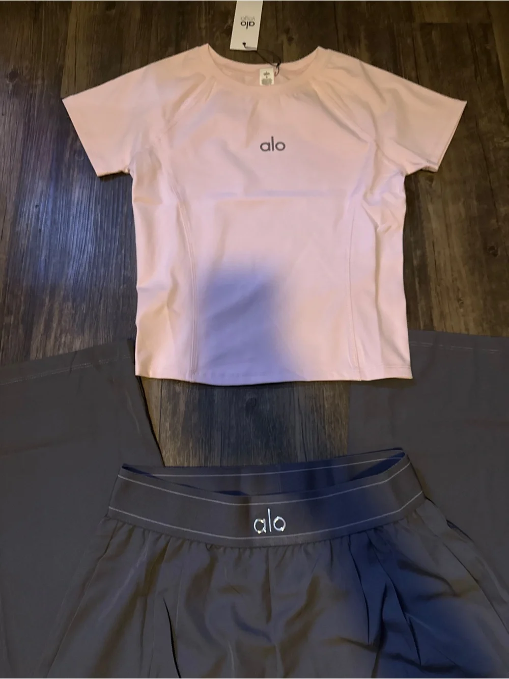 ALO Yoga Pink Short-Sleeve Top with Gray Wide-Leg Pants